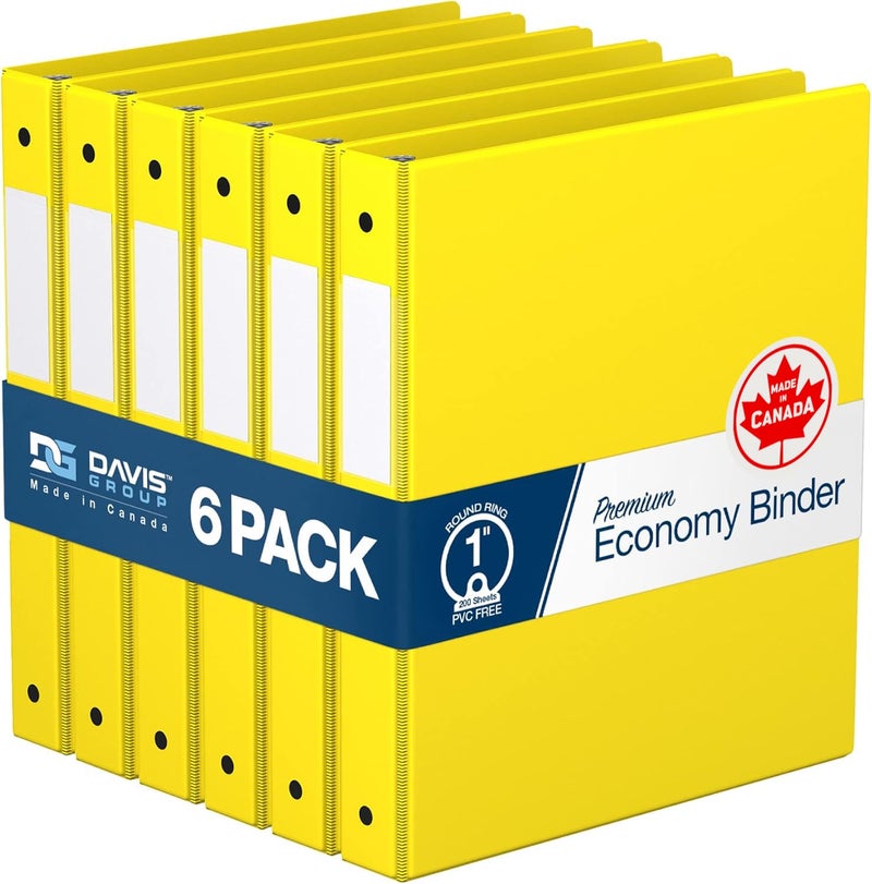 Davis Group Premium Economy 6-Pack 3-Ring Binders for School or Office, Round-Ring Binders, 1 Inch, Yellow - Image 1